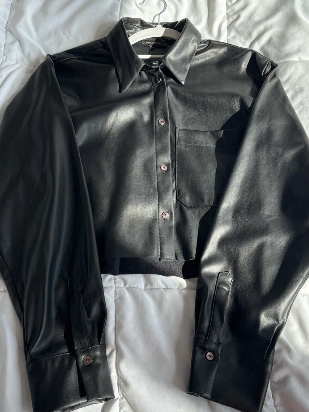 Olivaceous Black Faux Leather Cropped Button-Up Shirt Boxy Pocket Sz M